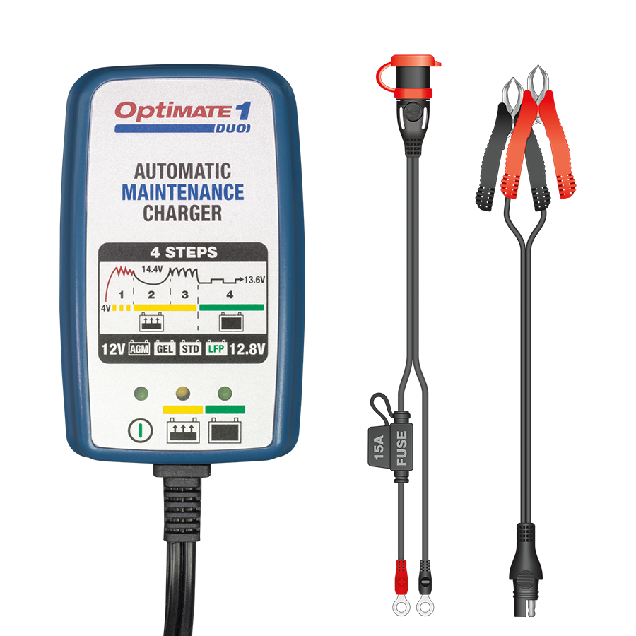 optimate, 1duo, 1, charger, maintanence, tester, battery